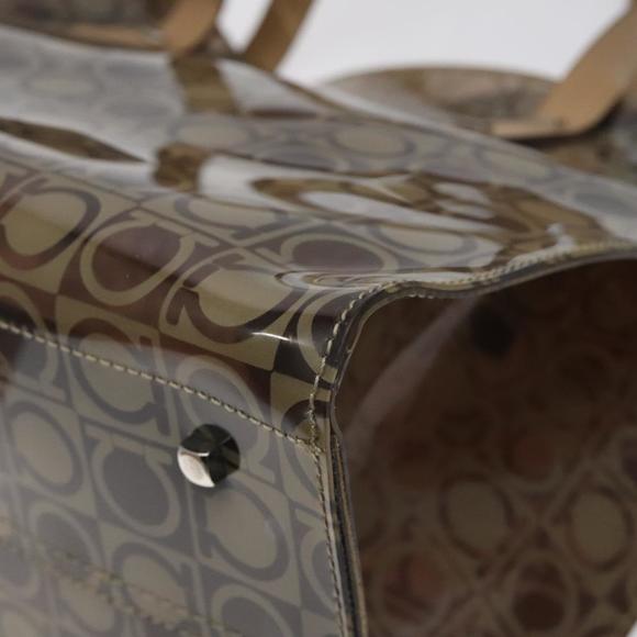 Salvatore Ferragamo Gancini Tote Bag Vinyl Brown Silver Auth BA2989